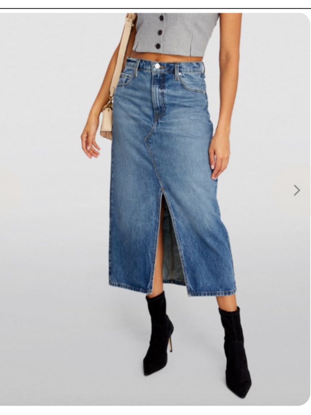 FRAME Blue Denim Midaxi Del Amo Skirt with Front Slit, size 25